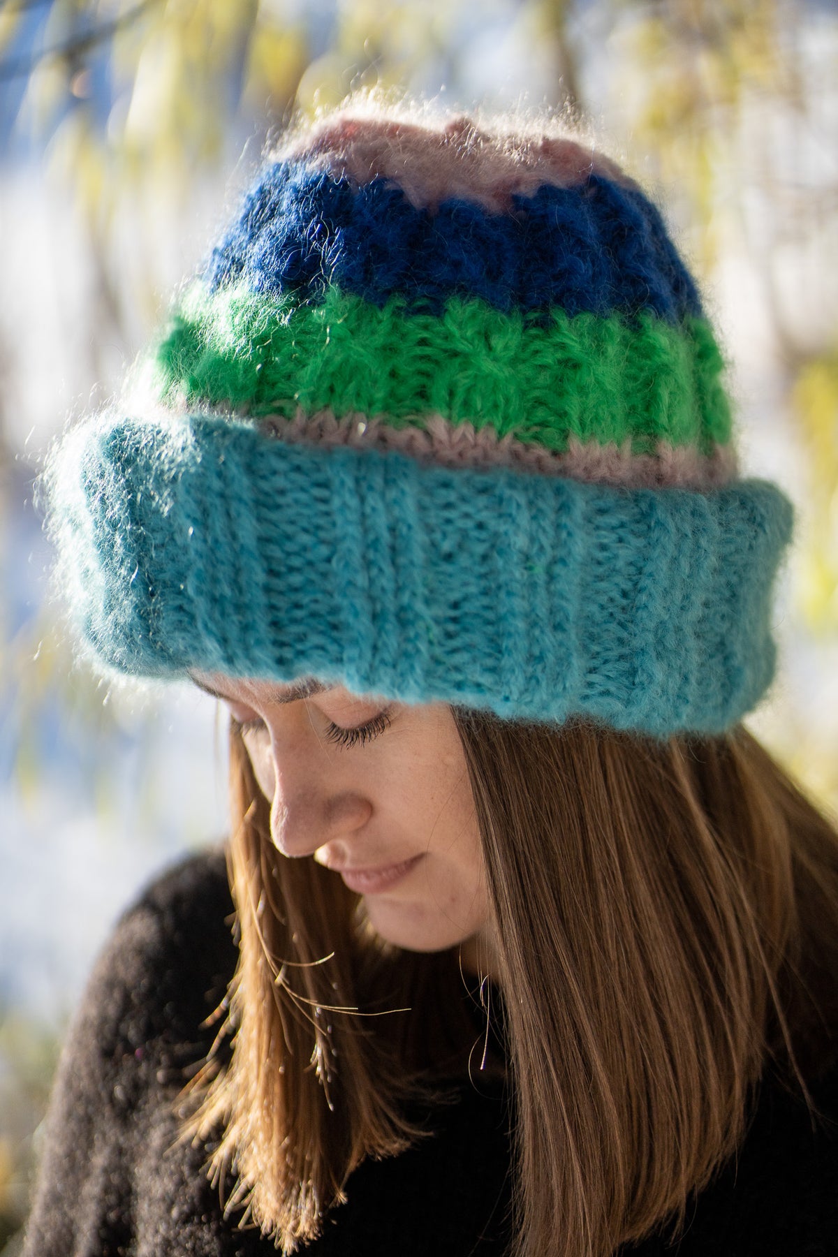 Bohemian beanie in ocean colours with a double brim and cable detail – Be Bold Striped from CosyMonday