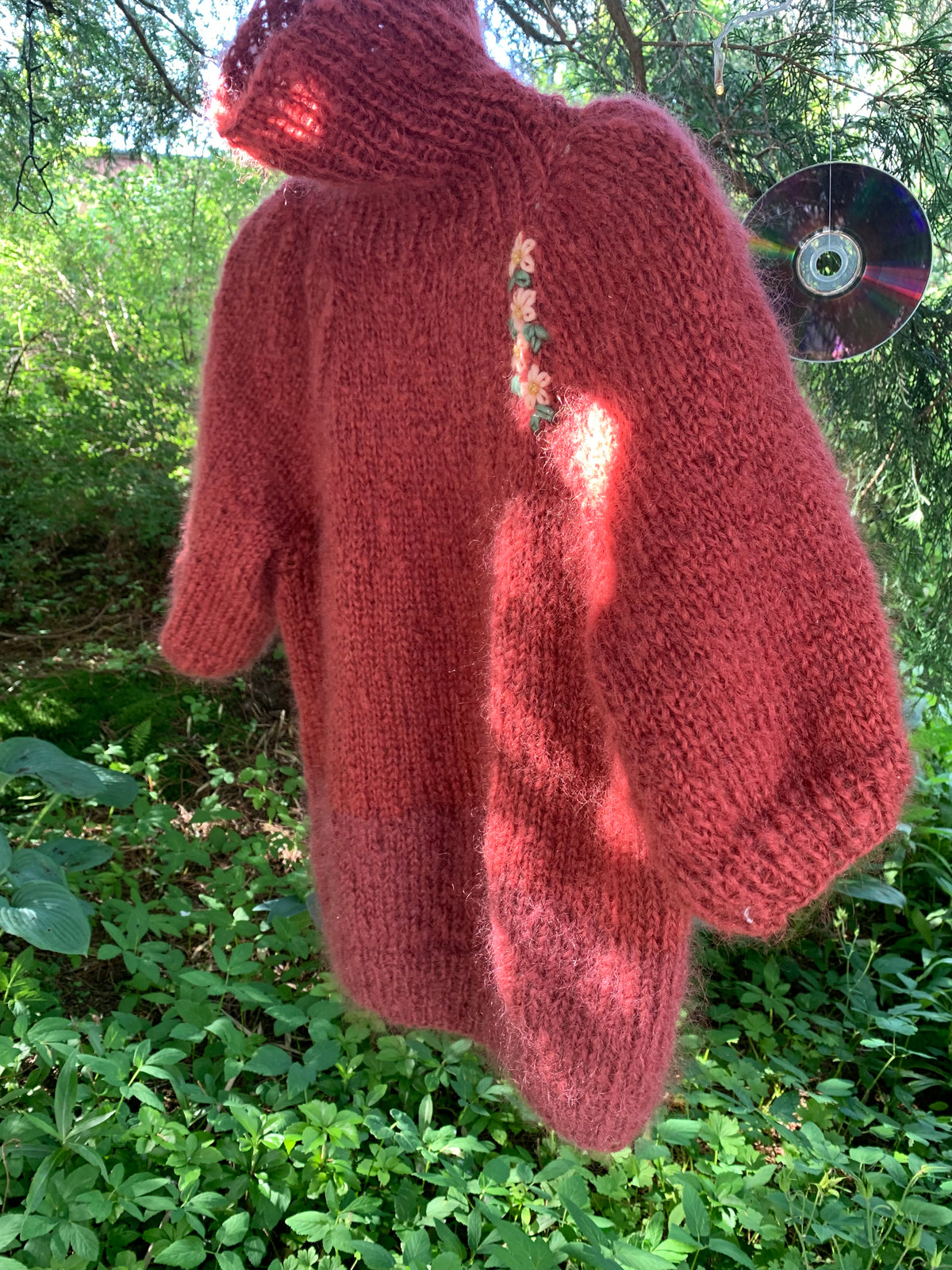 Romantic mohair sweater with puff sleeves, high neck, wide stripes and embroidered flowers – Le Fleur from CosyMonday