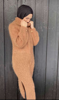 Long mohair dress with a slit, puff sleeves and lace pattern – Star from CosyMonday