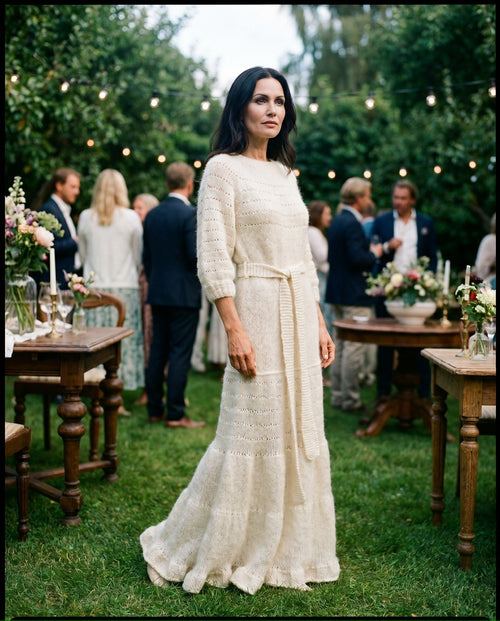 Lang kjole i ull, merino og viskose med paneler som gir volum mot falden – Bloom, The Golden Hour Dress