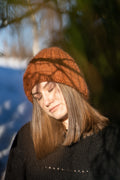 Cable hat in gingerbread and light pink in wool and fine mohair – Gingerbread Brown from CosyMonday