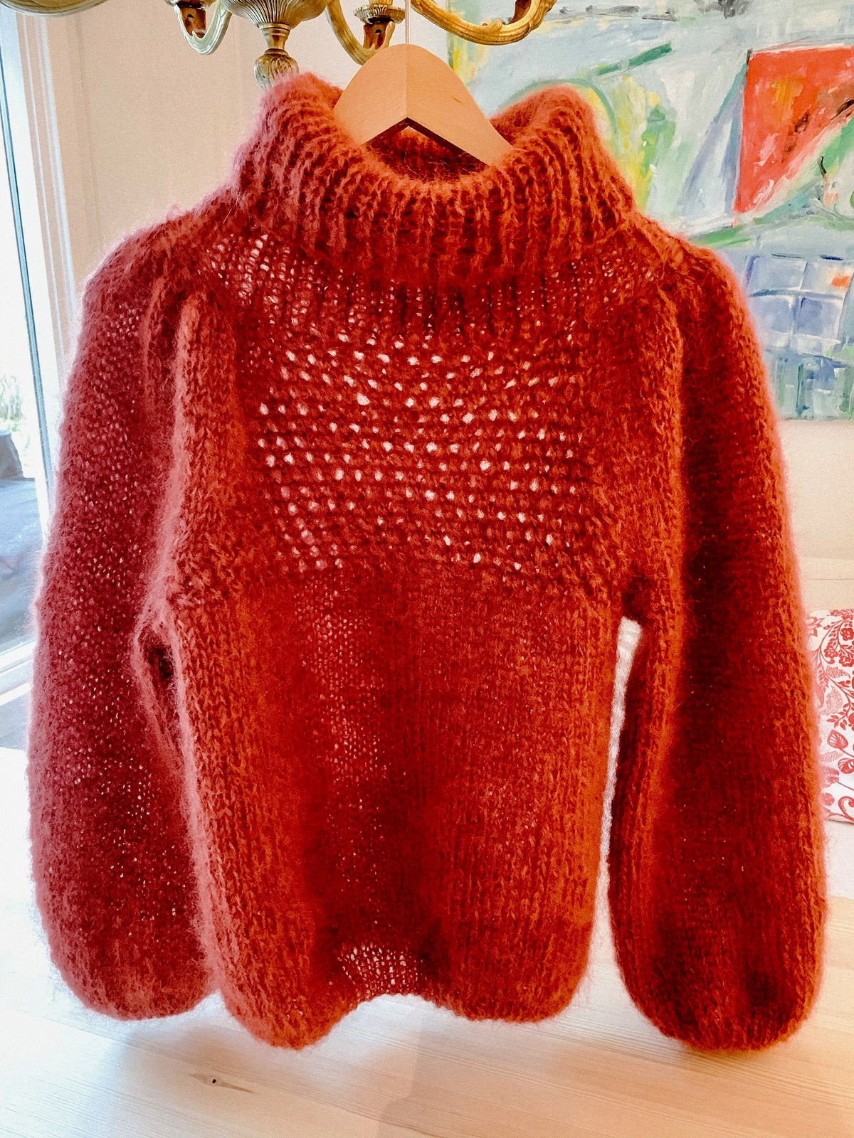 Mohair sweater in deep rust with lace pattern and puff sleeves – Velvet Bloom from CosyMonday