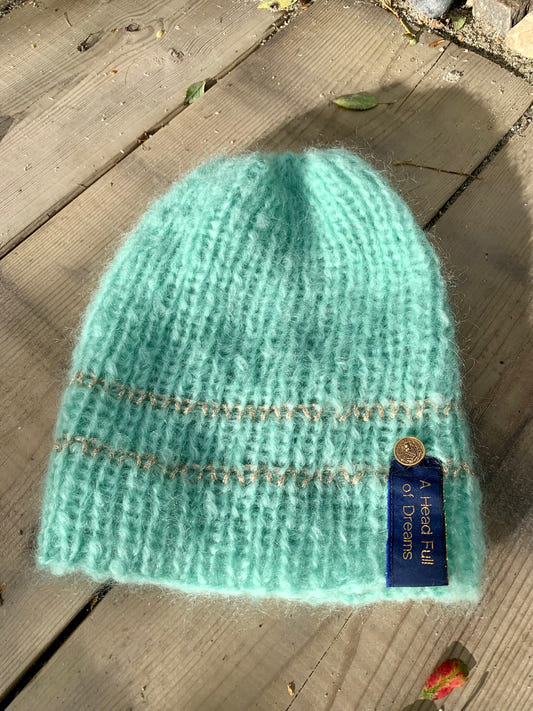 Hand-knitted rib hat in silver and mint mohair with a slouch at the back – Mint from CosyMonday