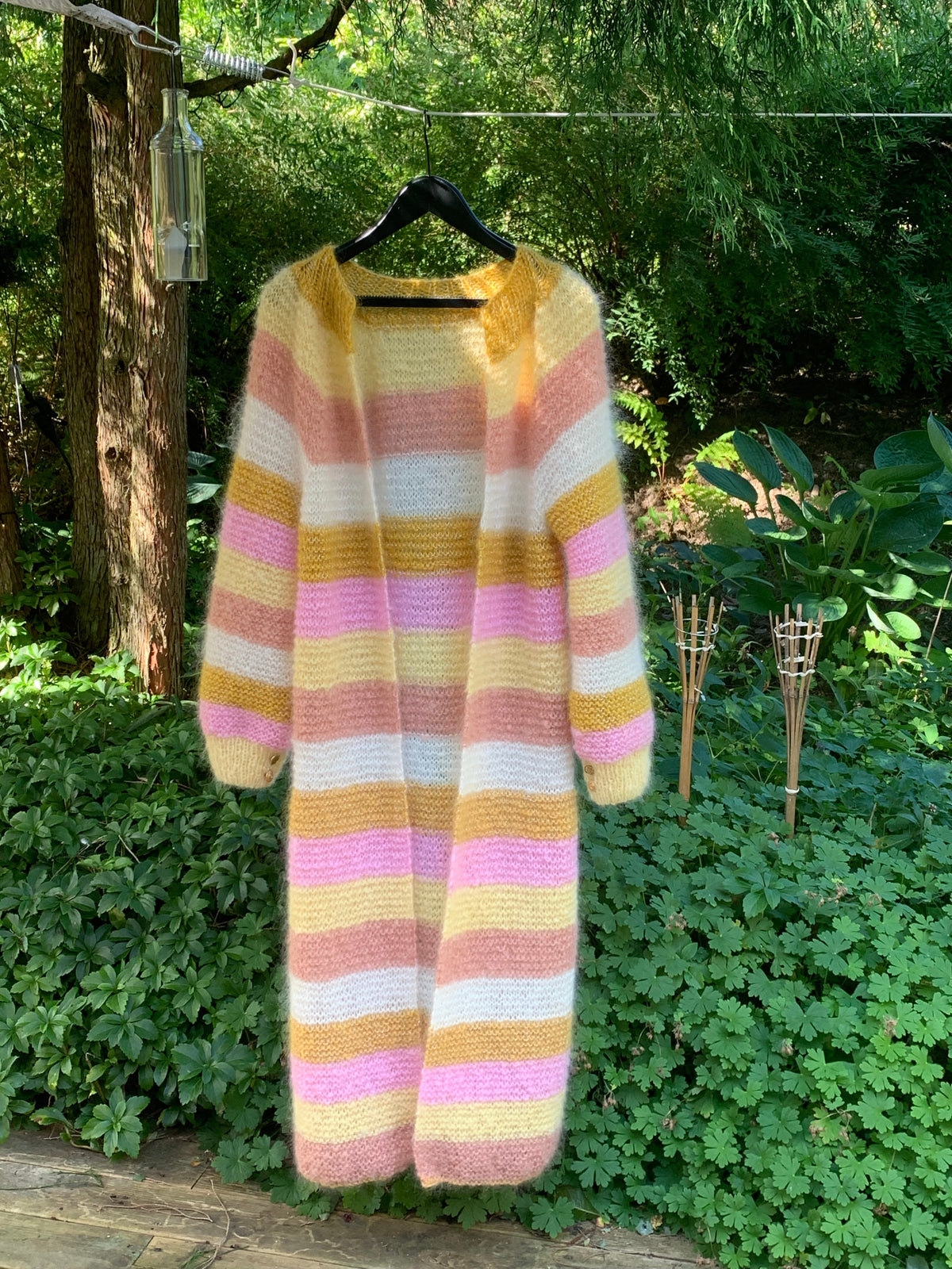 Striped knitted coat in soft mohair with vintage buttons on the sleeves – Pink & Yellow Coloratura from CosyMonday