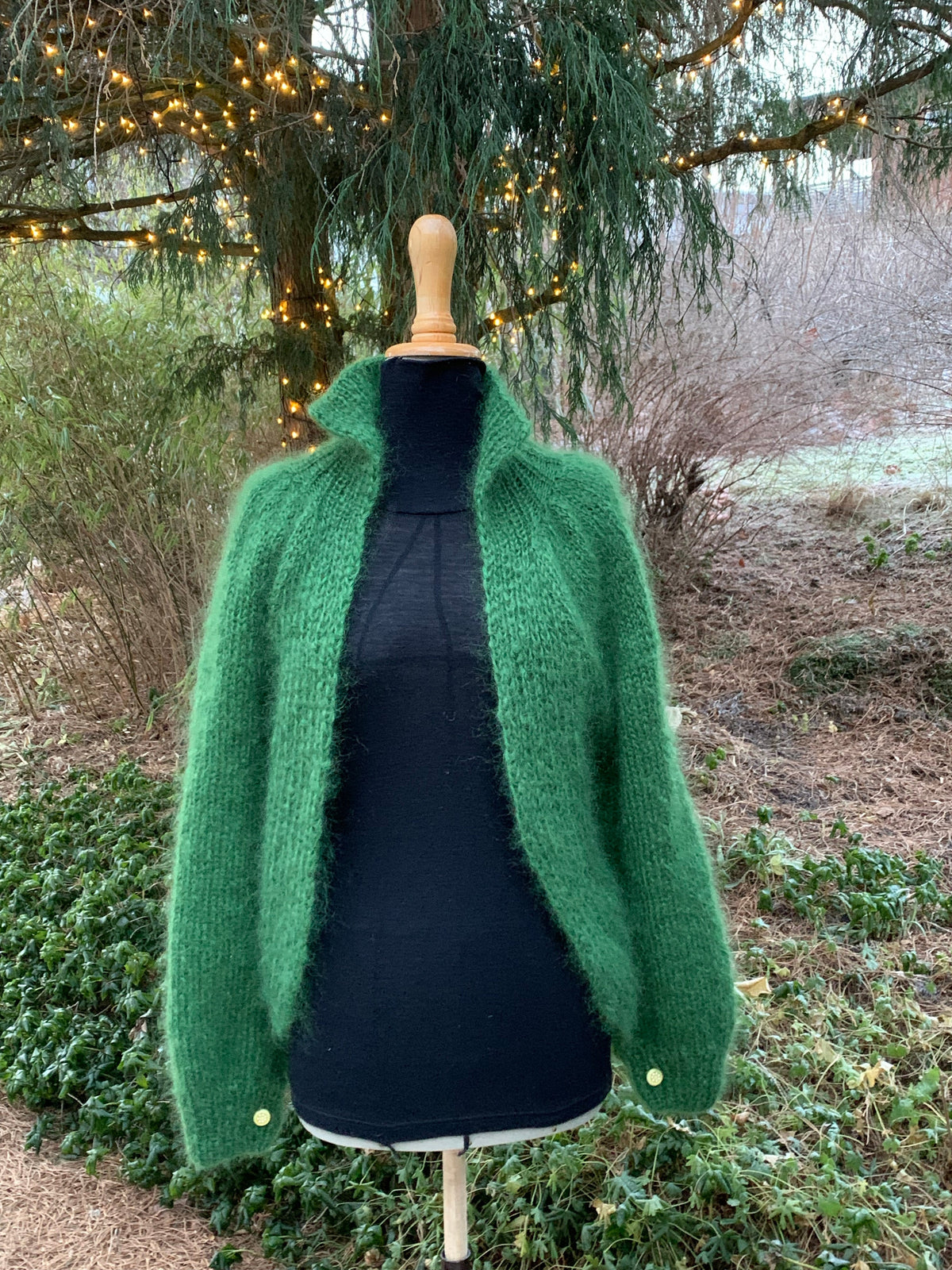 Grass green mohair cardigan with puff sleeves, high collar and half brioche – My Favorite Green from CosyMonday