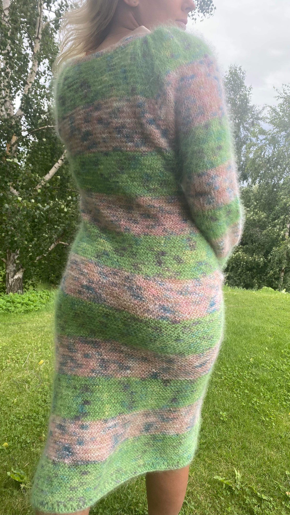 Wrap dress in mohair with pink and green stripes, silk ribbon and vintage buttons – Pink Daylight from CosyMonday