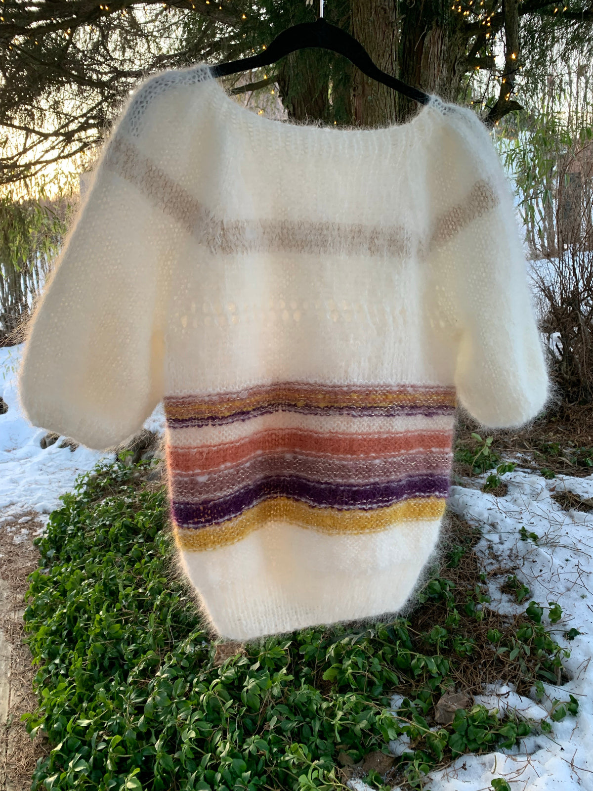 Striped mohair sweater with puff sleeves, boat neck and a lace panel at the front – White Dreams from CosyMonday