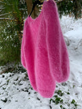 Shocking pink mohair sweater with lace pattern, puff sleeves and raglan shaping – Smellroses from CosyMonday